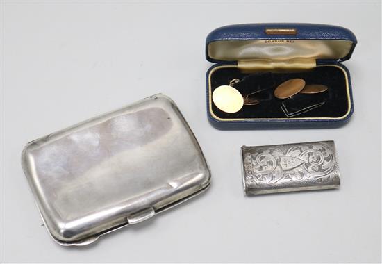 A Victorian silver vesta case, a silver cigarette case and a pair of 9ct gold cufflinks.